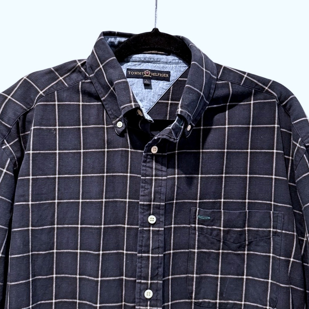 Tommy Hilfiger Button Down Shirt Navy Blue Windowpane‎ Plaid Lion Mens Large